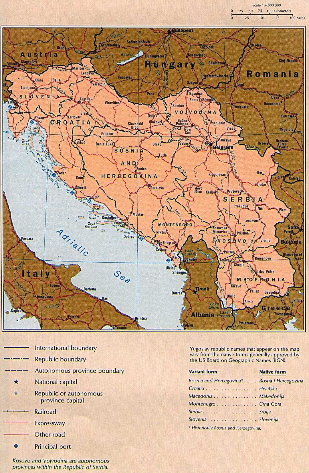 Large detailed political map of Yugoslavia with roads, railroads and major cities