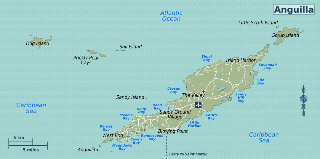 Large road map of Anguilla with other marks