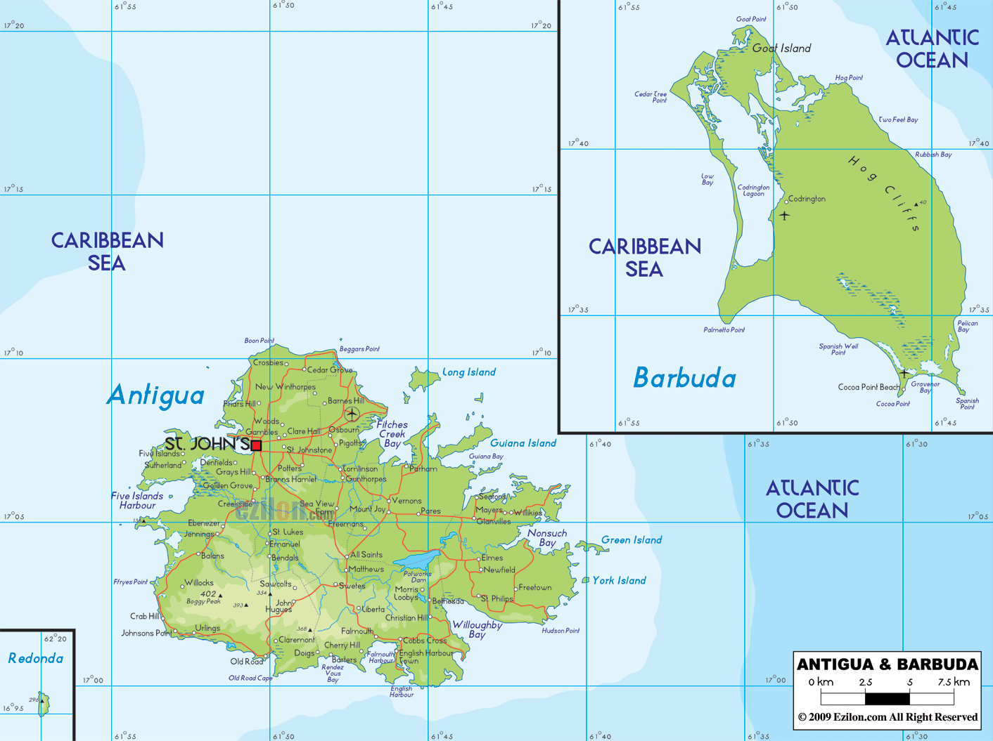Large Physical Map Of Antigua And Barbuda With Roads Cities And Airports 