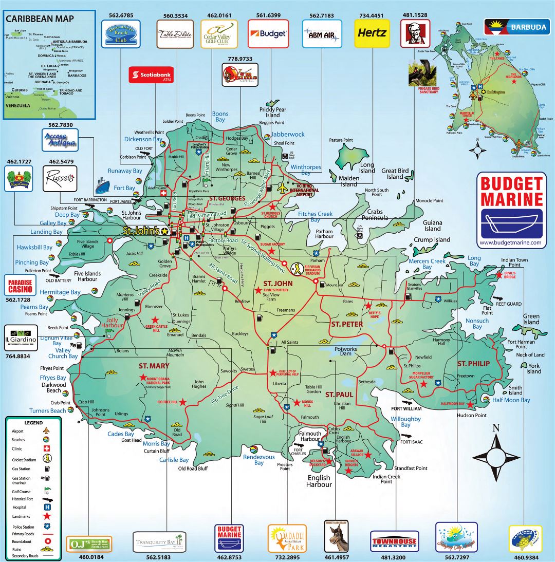 Large tourist map of Antigua with roads and other marks