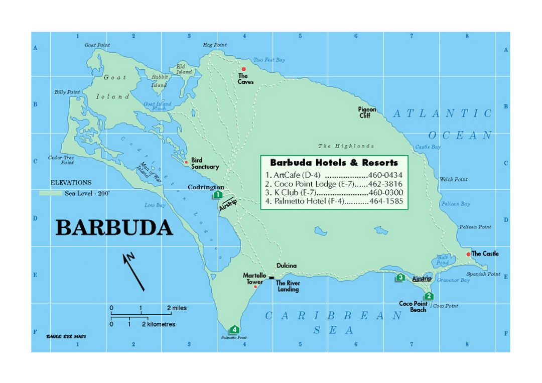 Map of Barbuda with hotels and resorts