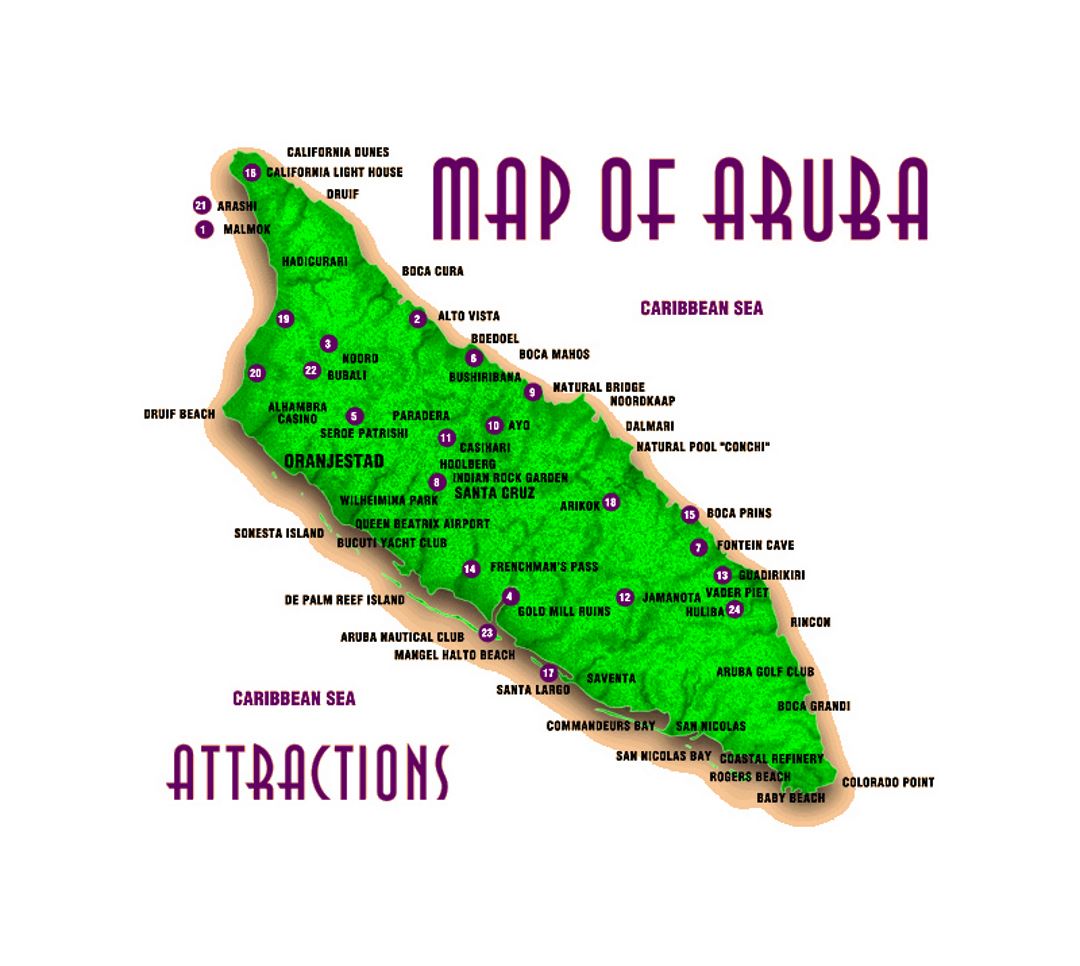 Attractions map of Aruba
