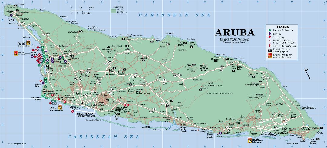 Detailed tourist map of Aruba with roads and other marks