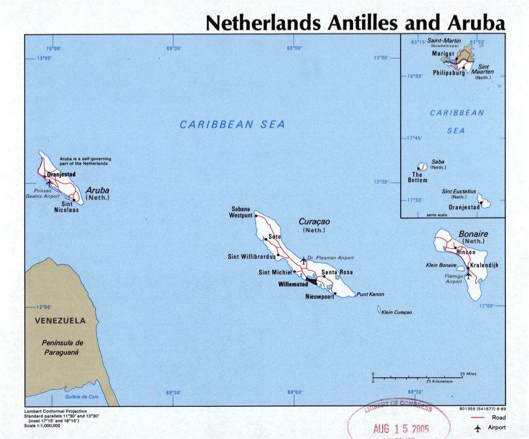 Large detailed political map of Netherlands Antilles and Aruba with roads, cities and airports - 1989