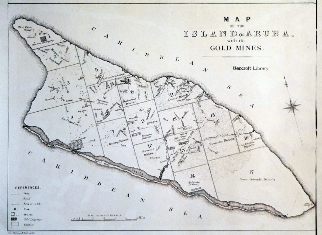 Large old map of the island of Aruba with its gold mines - 1885