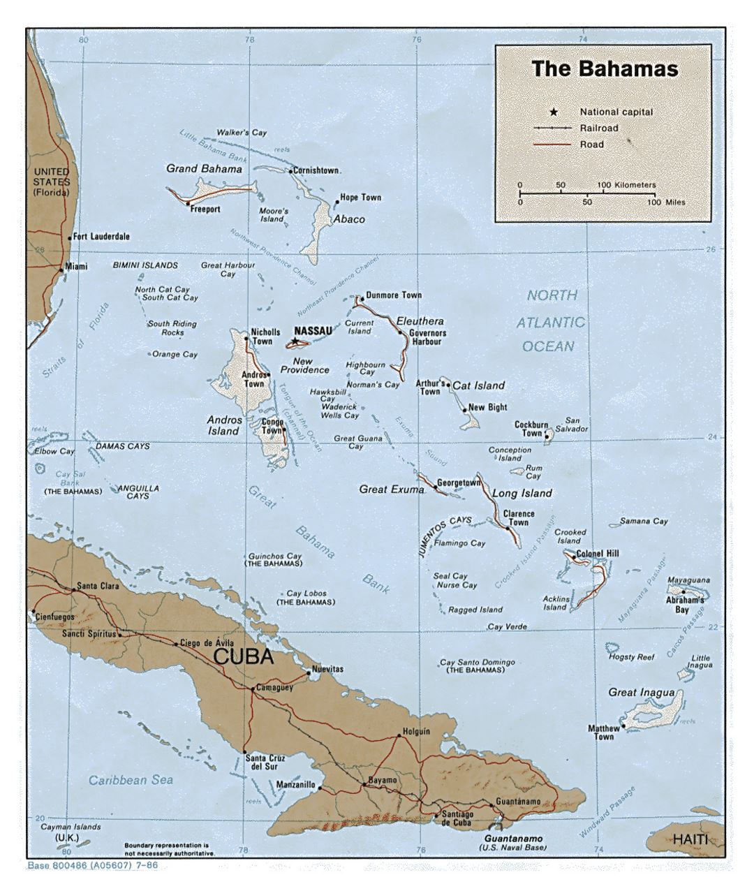 Detailed political map of Bahamas with relief, roads, railroads and major cities - 1986