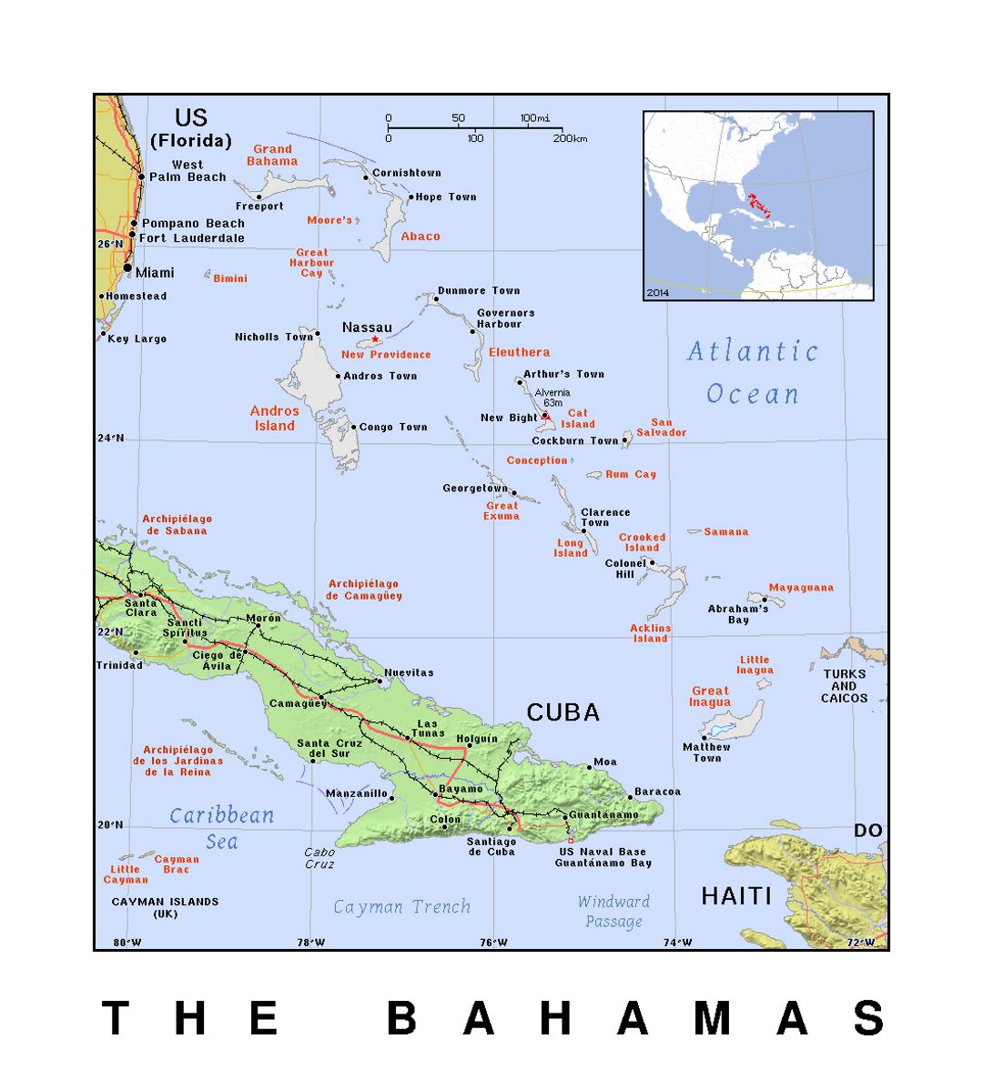 Detailed political map of Bahamas with relief