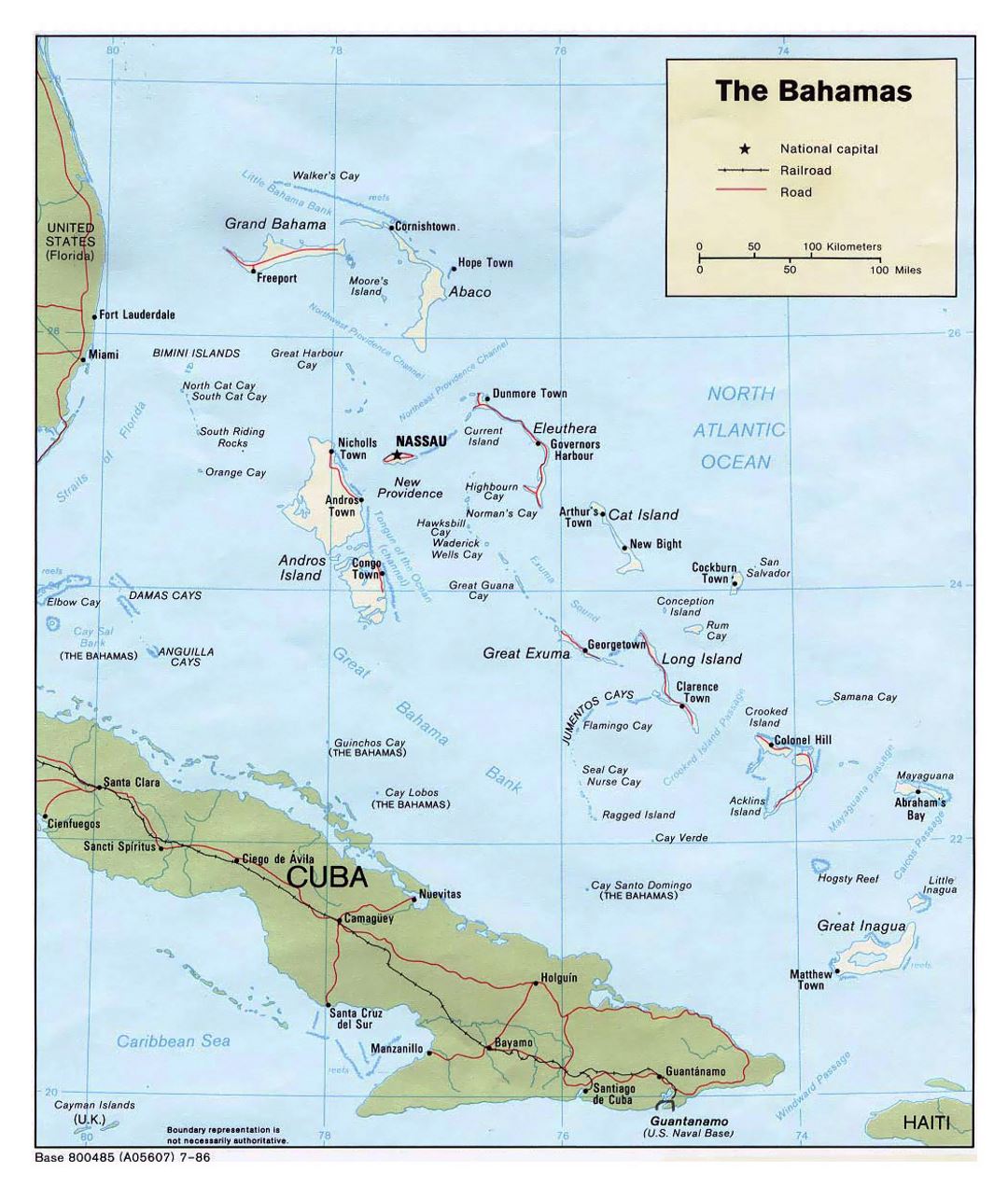 Detailed political map of Bahamas with roads, railroads and major cities - 1986