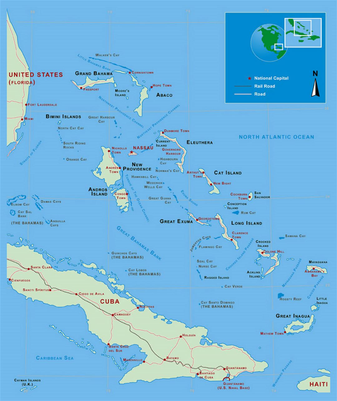 Detailed political map of Bahamas with roads, railroads and major