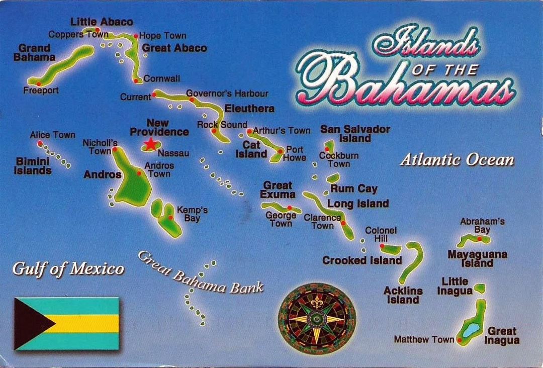 Detailed postcard map of Bahamas