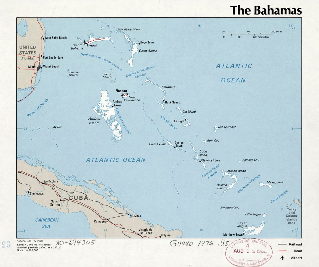 Large detailed political map of Bahamas with major cities and airports - 1976