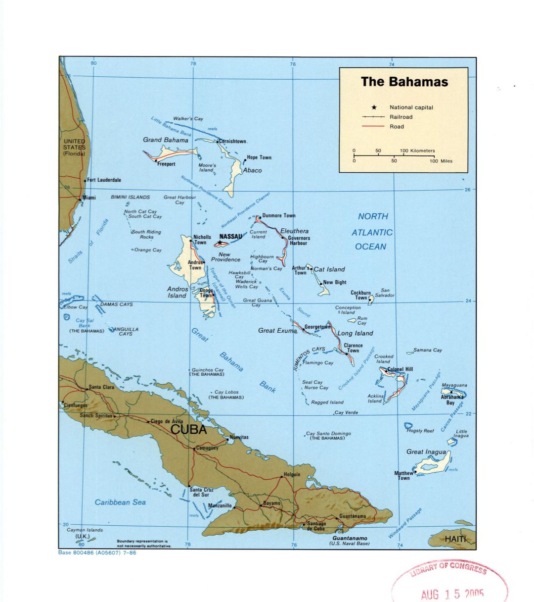 Large detailed political map of Bahamas with roads, railroads and major cities - 1986