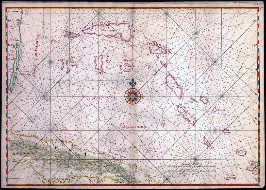 Large scale antique old map of a part of the island of Cuba and of the Bahamas - 1650