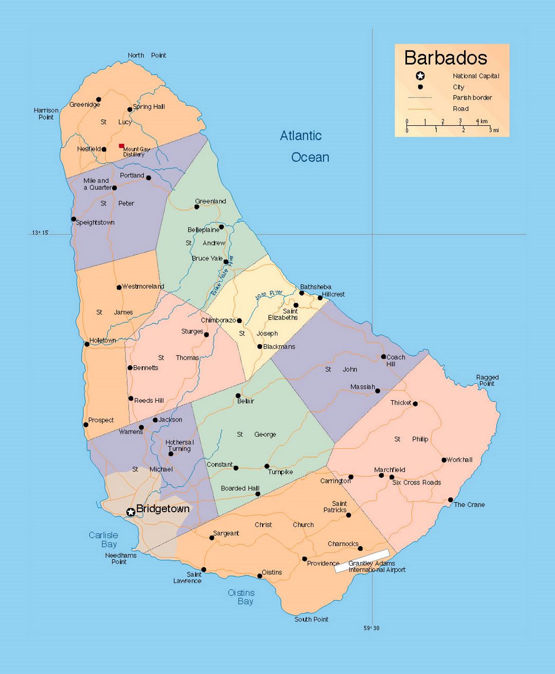 Detailed administrative map of Barbados with roads and cities