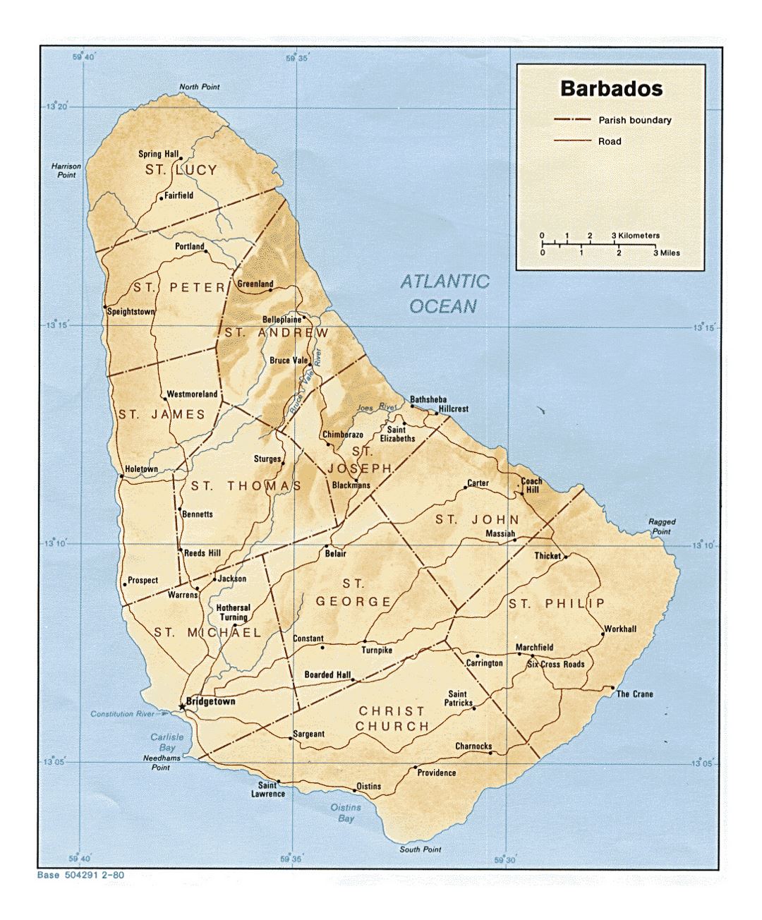 Detailed political and administrative map of Barbados with relief, roads and cities - 1980