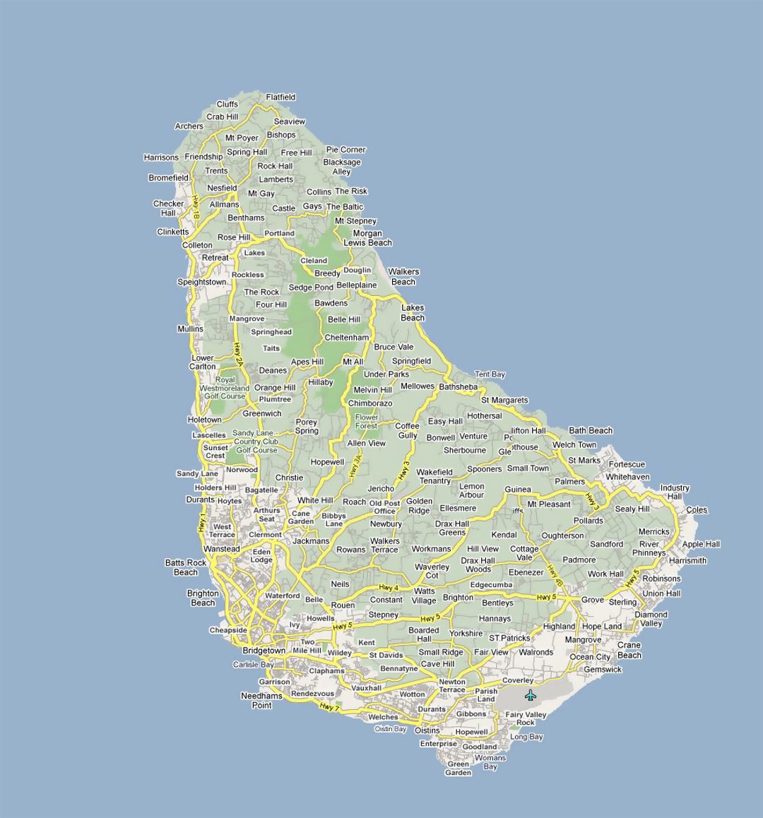 Detailed road map of Barbados with all cities