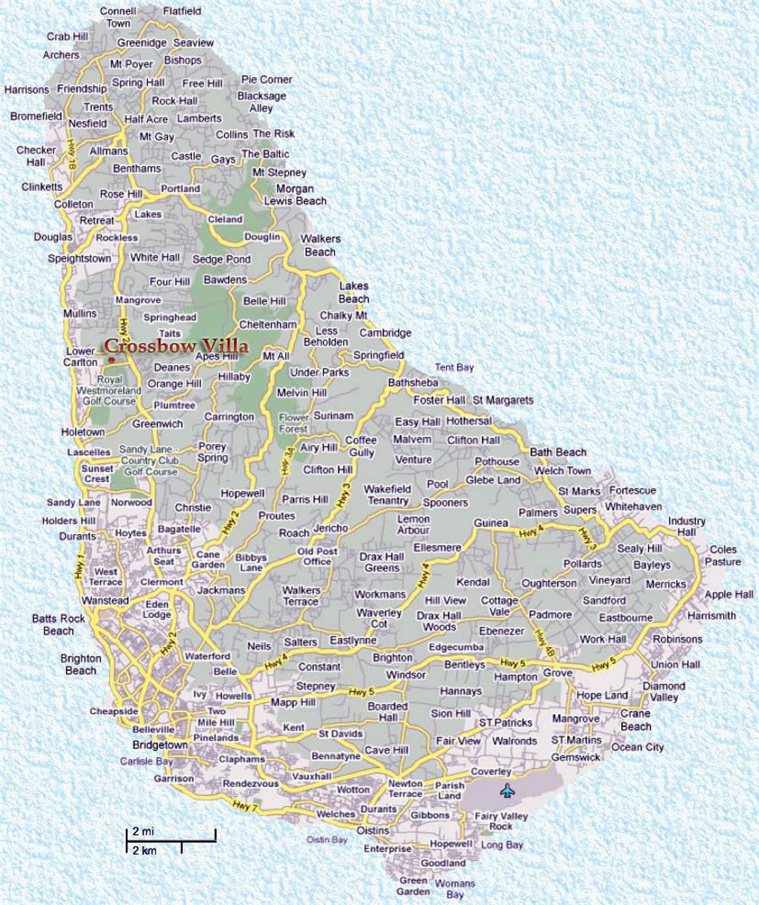 Detailed road map of Barbados with cities