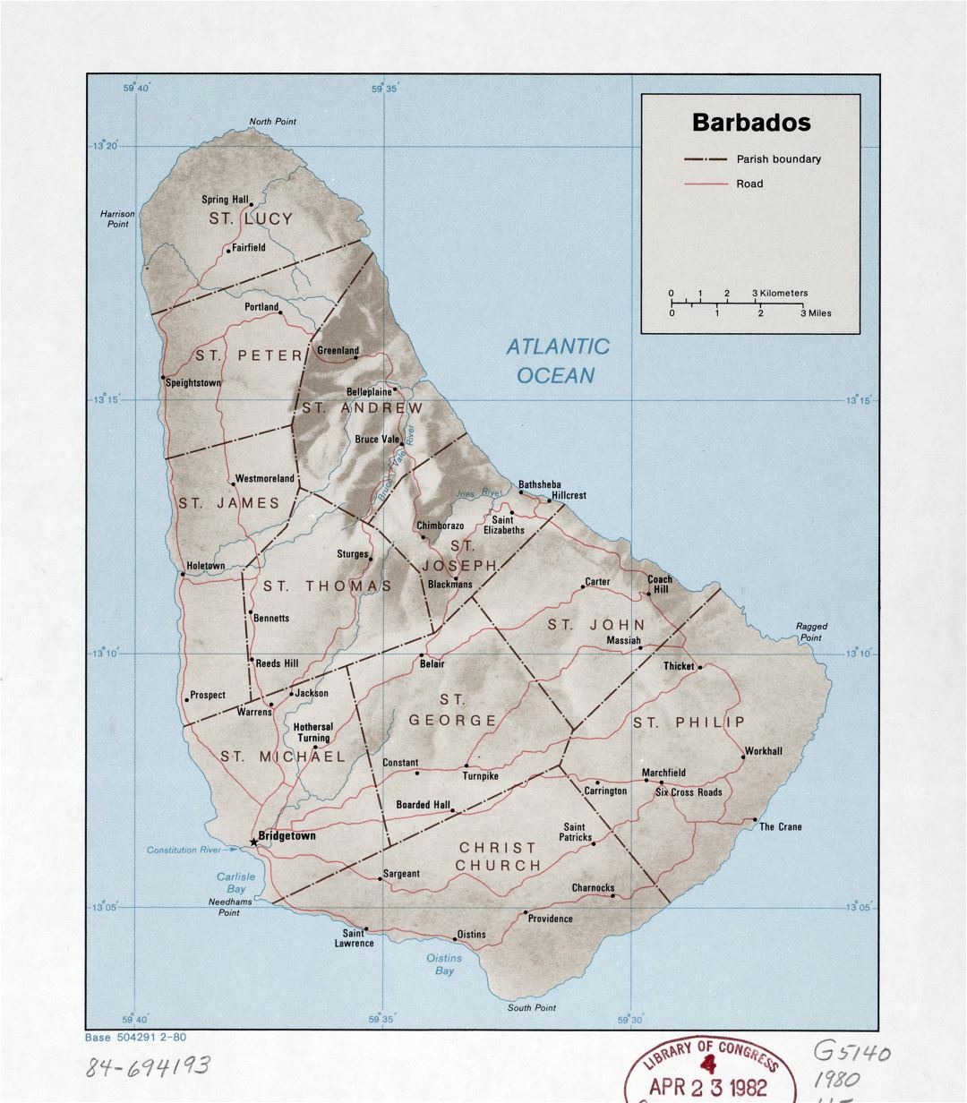 Large detailed political and administrative map of Barbados with relief, roads and cities - 1980