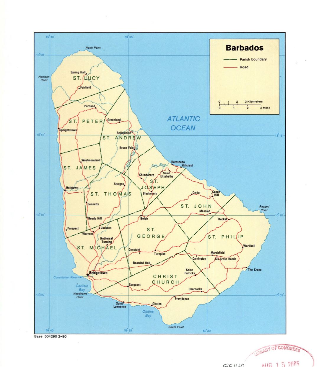 Large detailed political and administrative map of Barbados with roads and cities - 1980