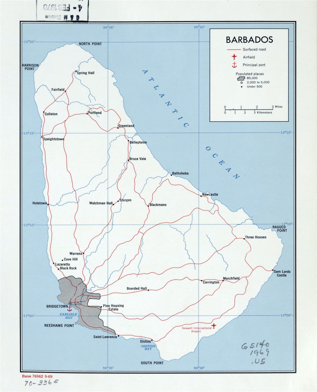 Large detailed political map of Barbados with roads, cities, ports and airports - 1969