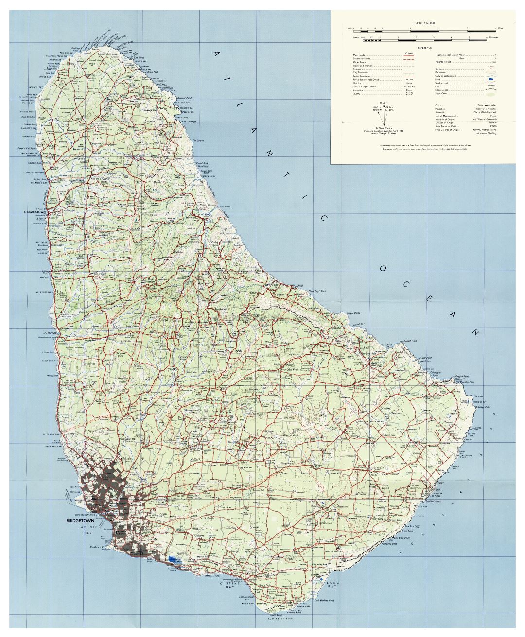 Large detailed topographical map of Barbados with roads, cities, villages and other marks