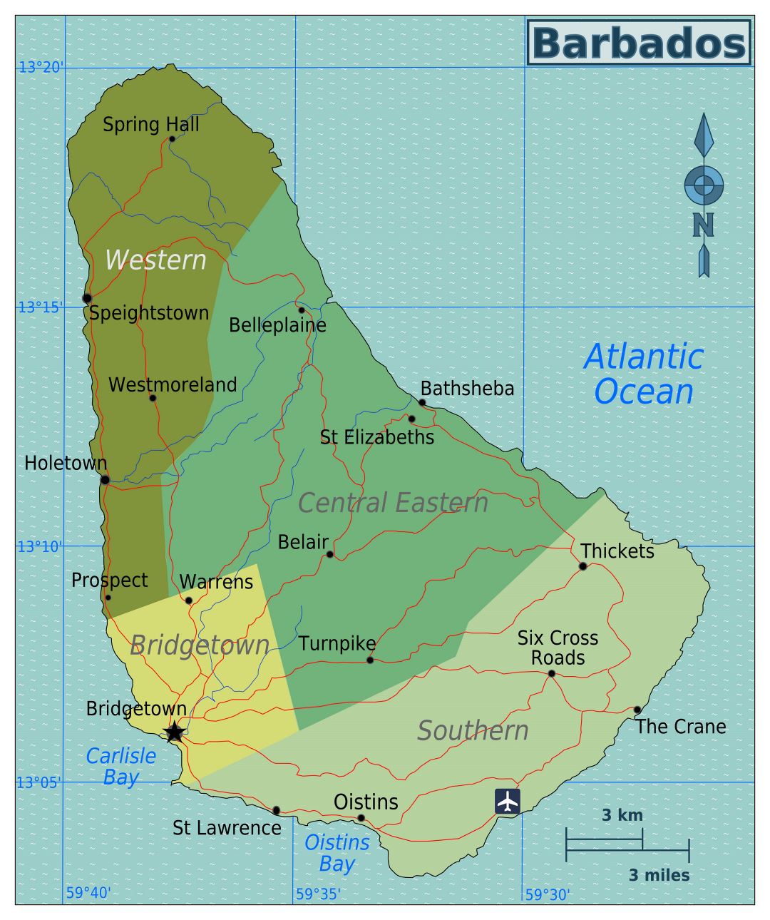 Large regions map of Barbados