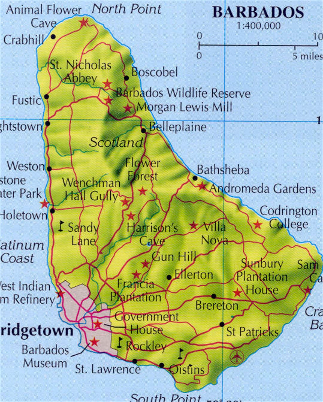 Relief and road map of Barbados with cities