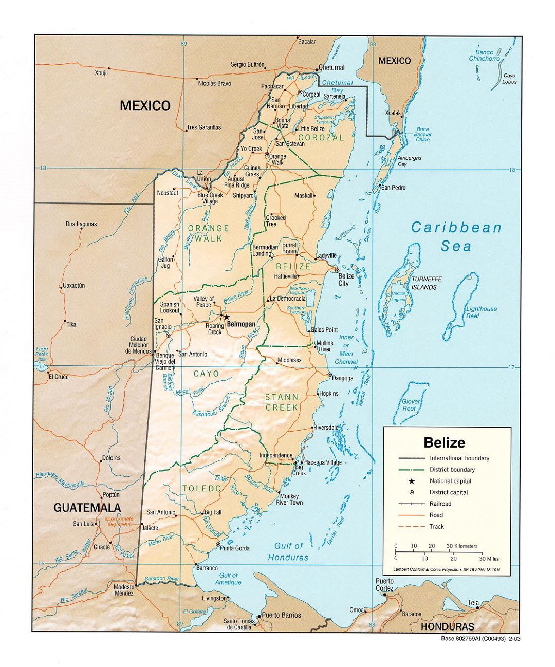 Detailed political and administrative map of Belize with relief, roads, railroads and major cities - 2003