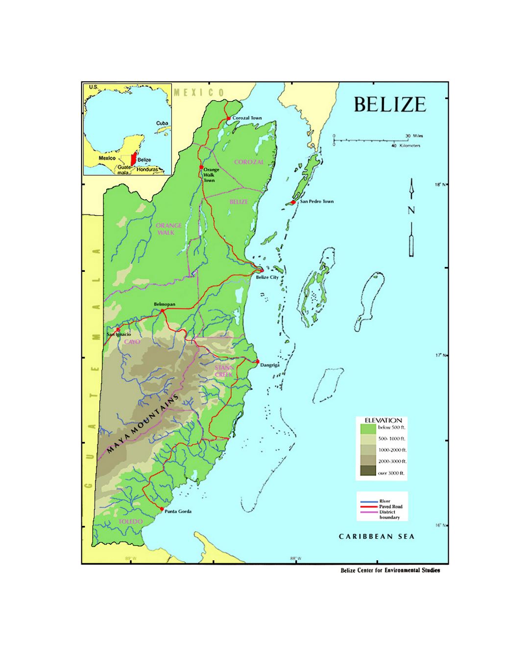 Elevation map of Belize