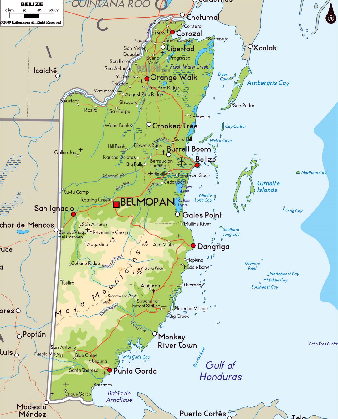 Large physical map of Belize with roads, cities and airports