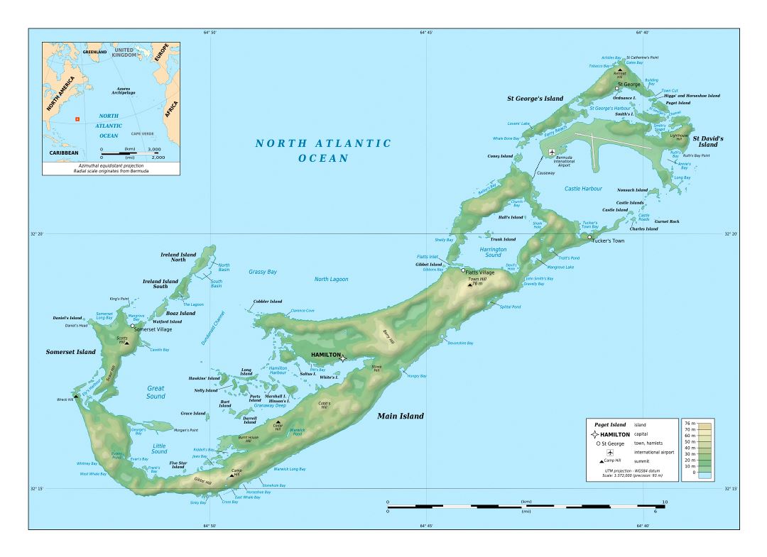 Large detailed physical map of Bermuda with cities and airports
