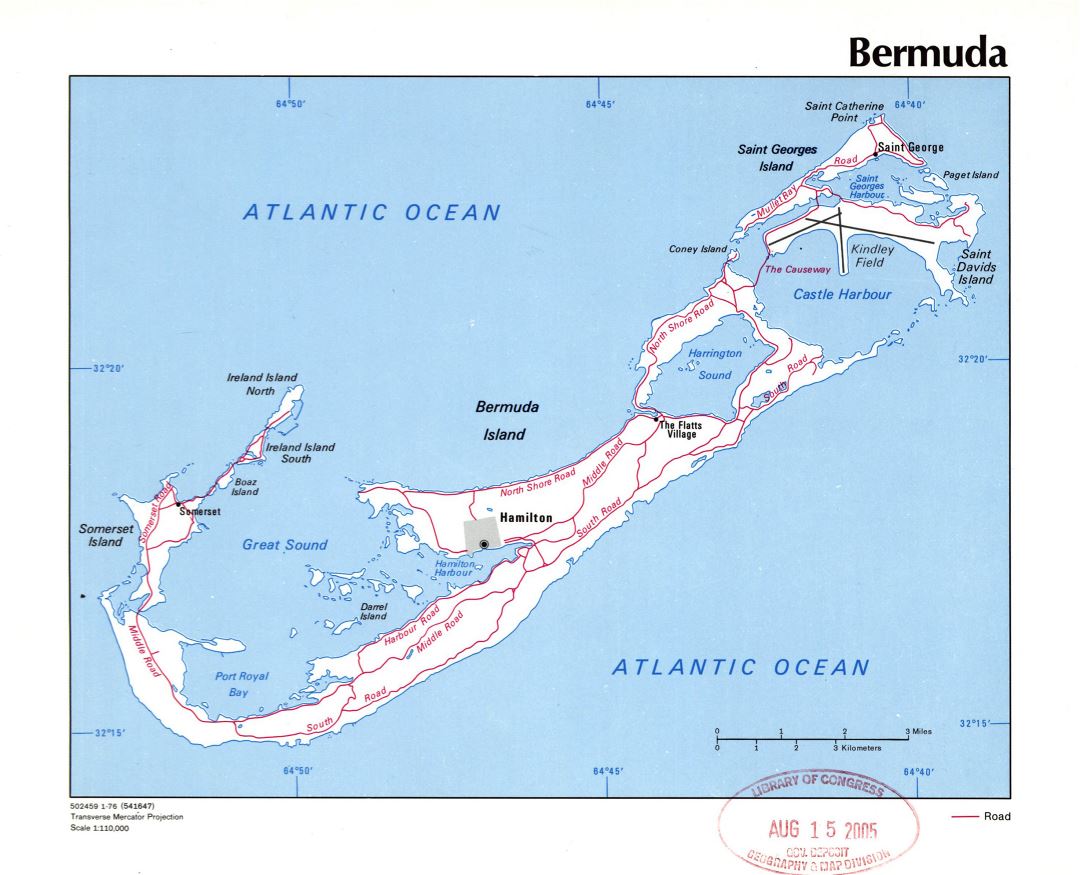 Large detailed political map of Bermuda with roads, cities and other marks - 1976