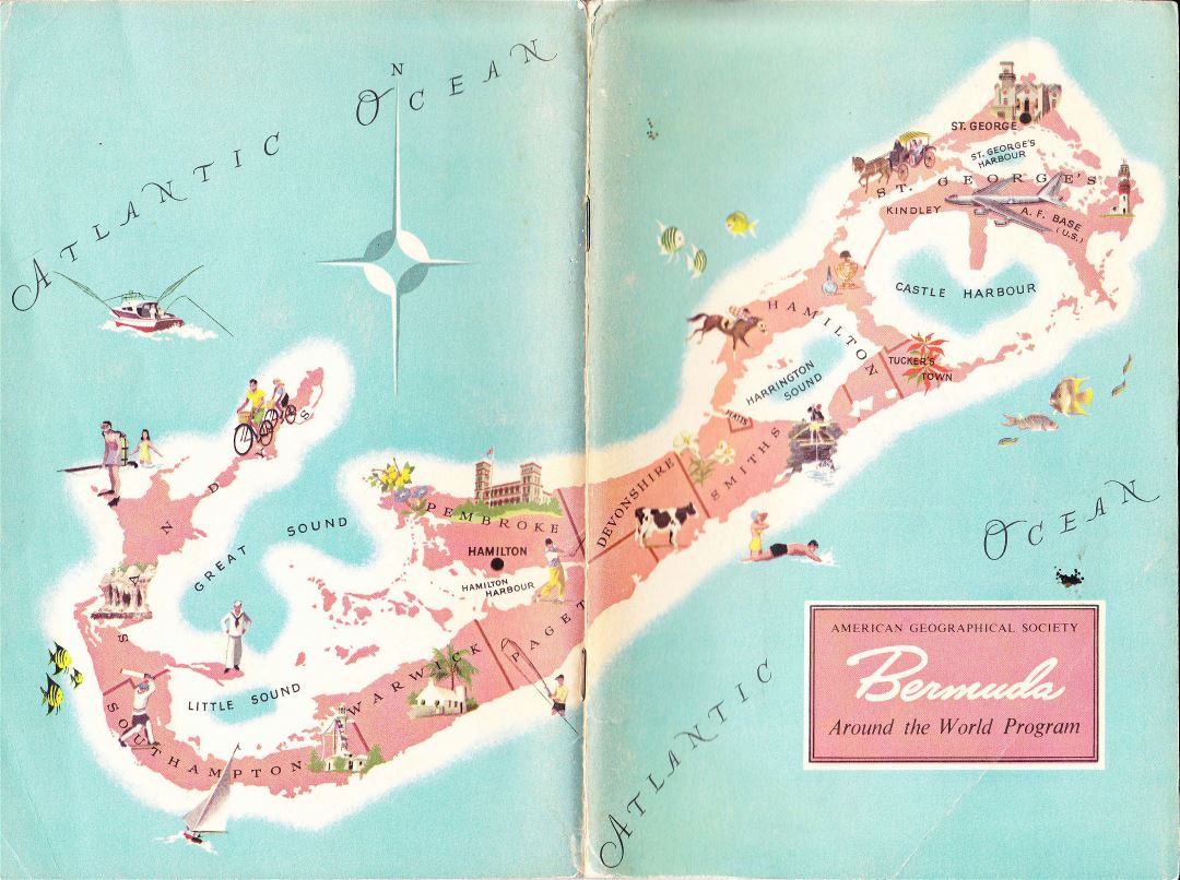 Large detailed travel illustrated map of Bermuda