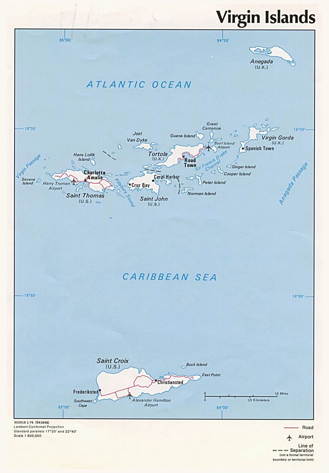 Detailed political map of British Virgin Islands with roads, major cities and airports - 1976