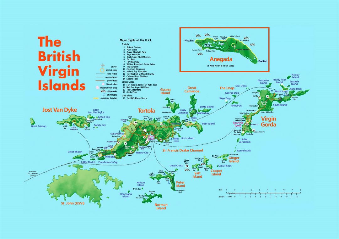 Detailed tourist map of British Virgin Islands with relief and other marks