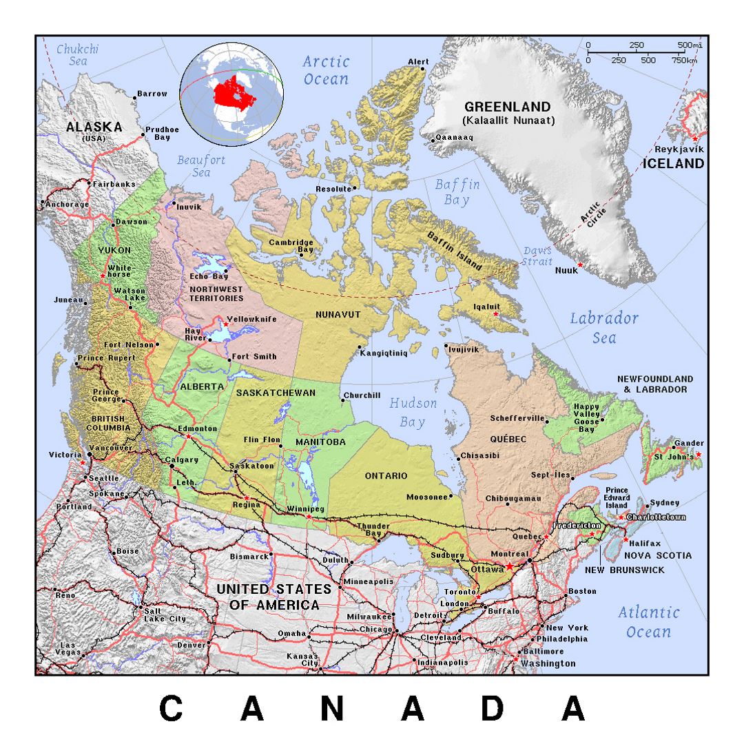 Detailed political and administrative map of Canada with relief