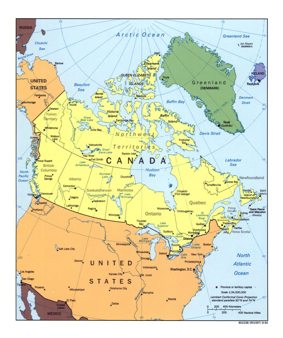 Large detailed political and administrative map of Canada with major cities - 1994