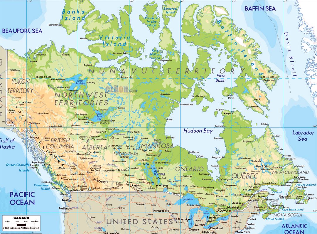 Large physical map of Canada with roads and cities