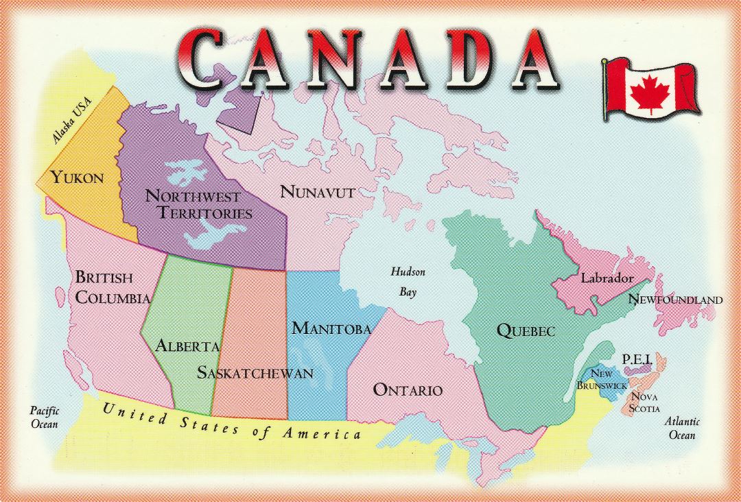 Large political and administrative postcard map of Canada