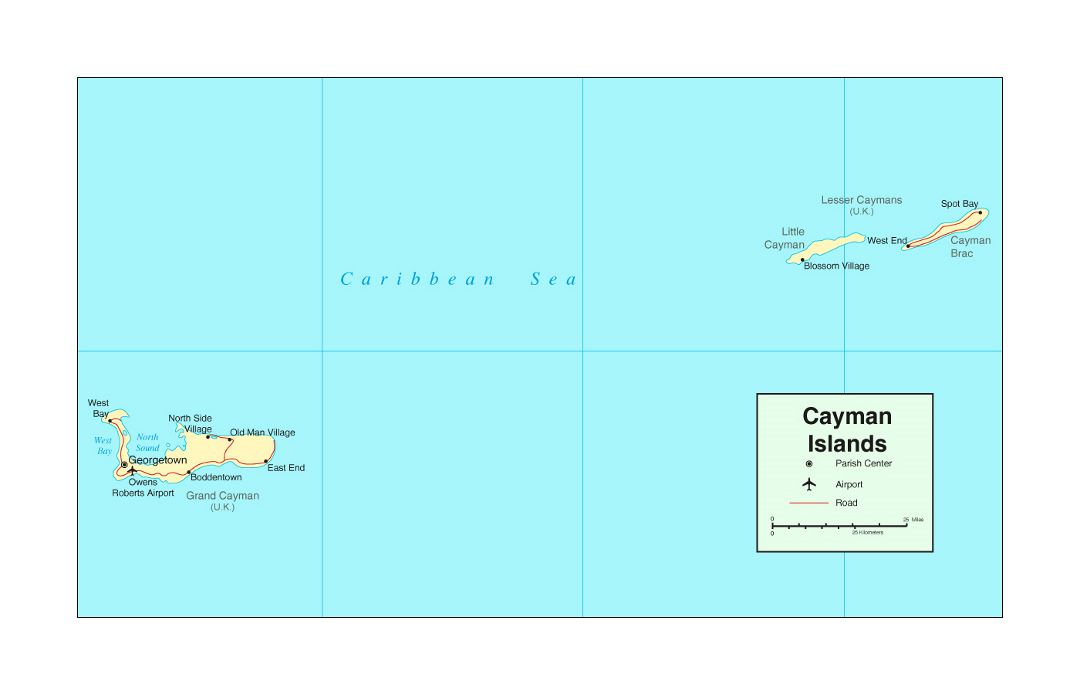 Detailed political map of Cayman Islands with roads, cities and airports