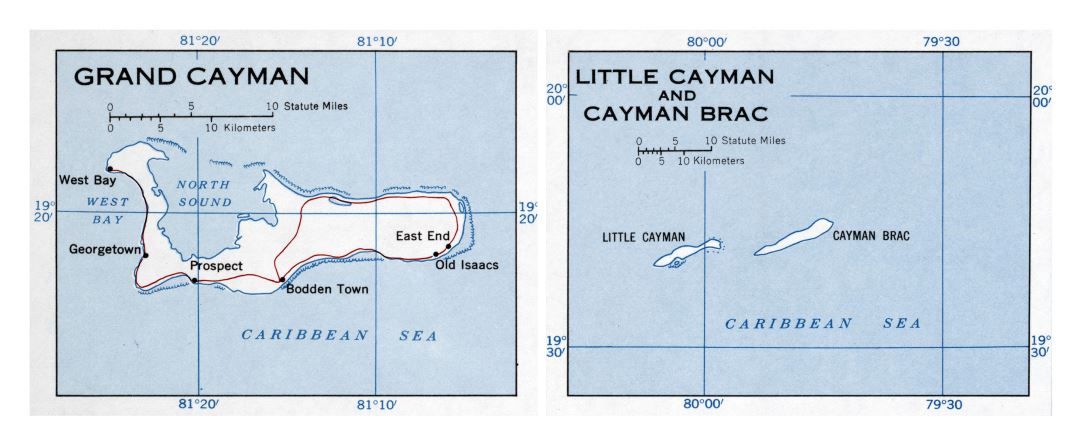 Large detailed map of Cayman Islands with roads and cities - 1958