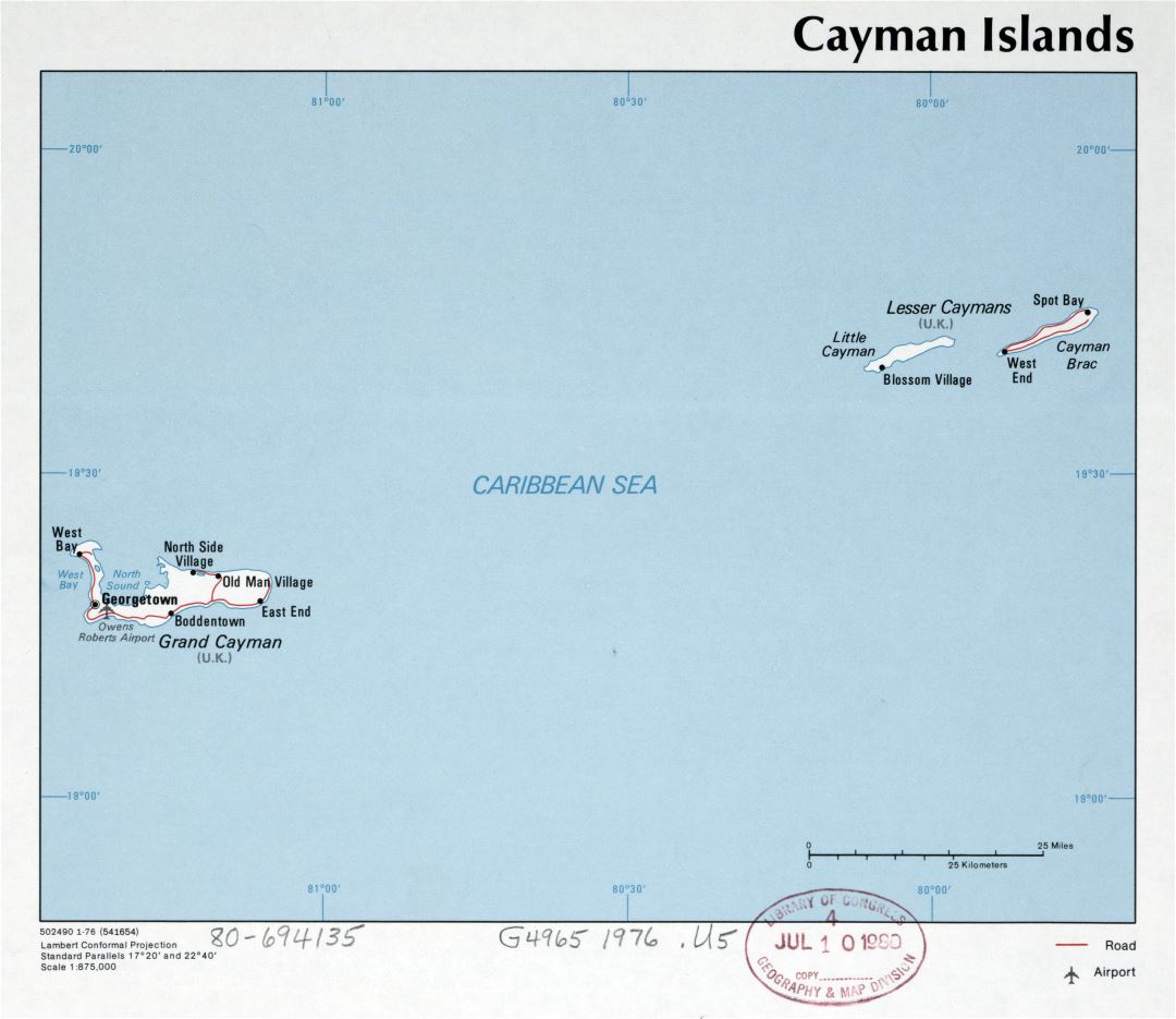 Large detailed political map of Cayman Islands with roads, cities and airports - 1976