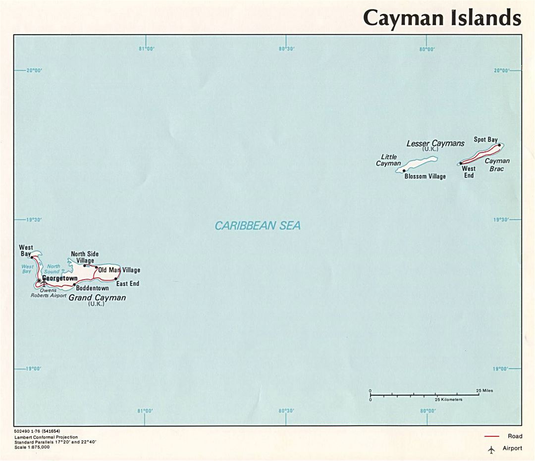 Large political map of Cayman Islands with roads, cities and airports - 1976