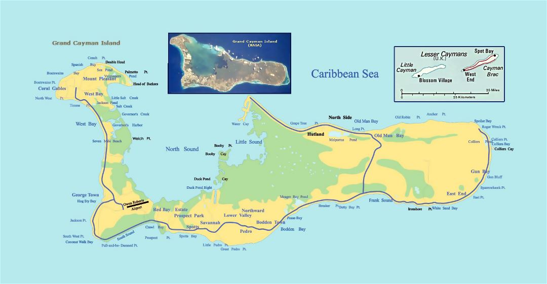 Large road map of Grand Cayman island with other marks