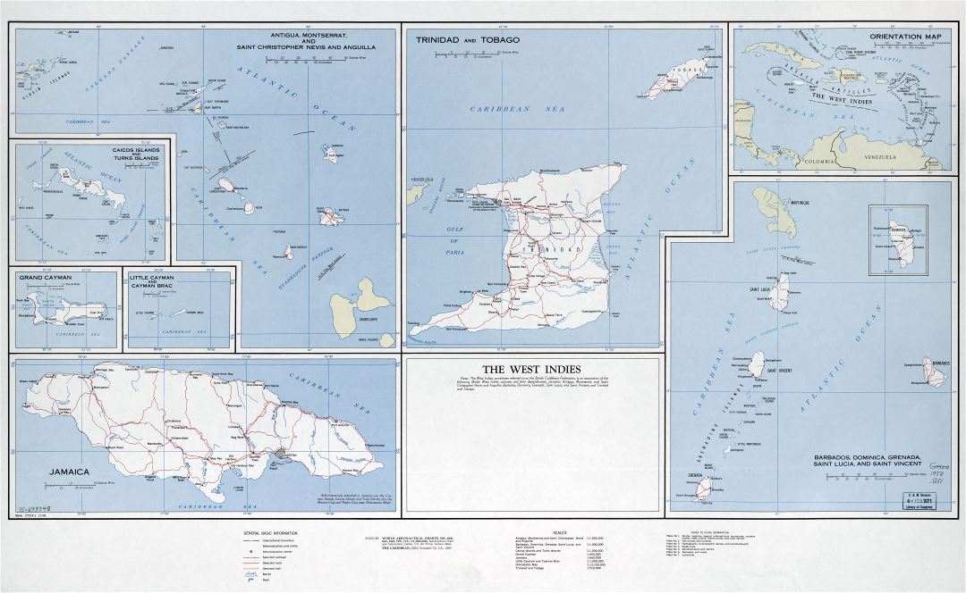 Large scale detailed map of the West Indies with roads, railroads, cities and other marks - 1958