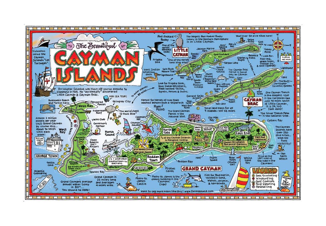 Large travel illustrated map of Cayman Islands