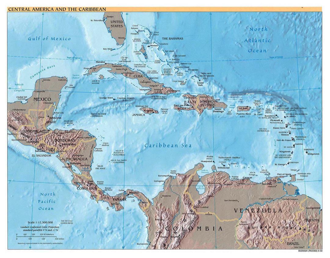 Detailed political map of Central America and the Carribean with relief - 2002