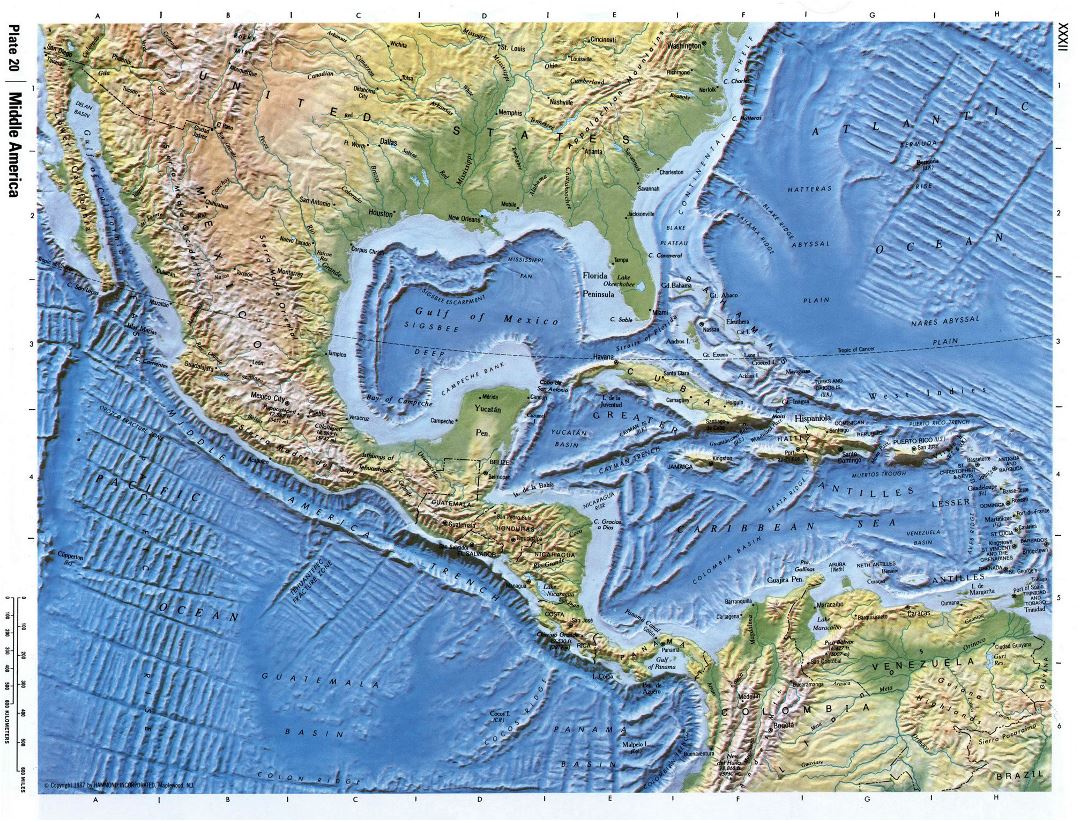 Detailed relief map of Central America