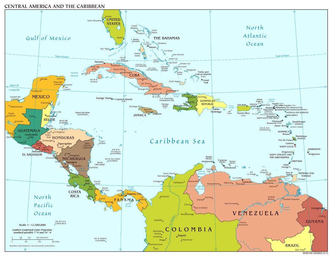 Large scale political map of Central America with major cities and capitals - 2013
