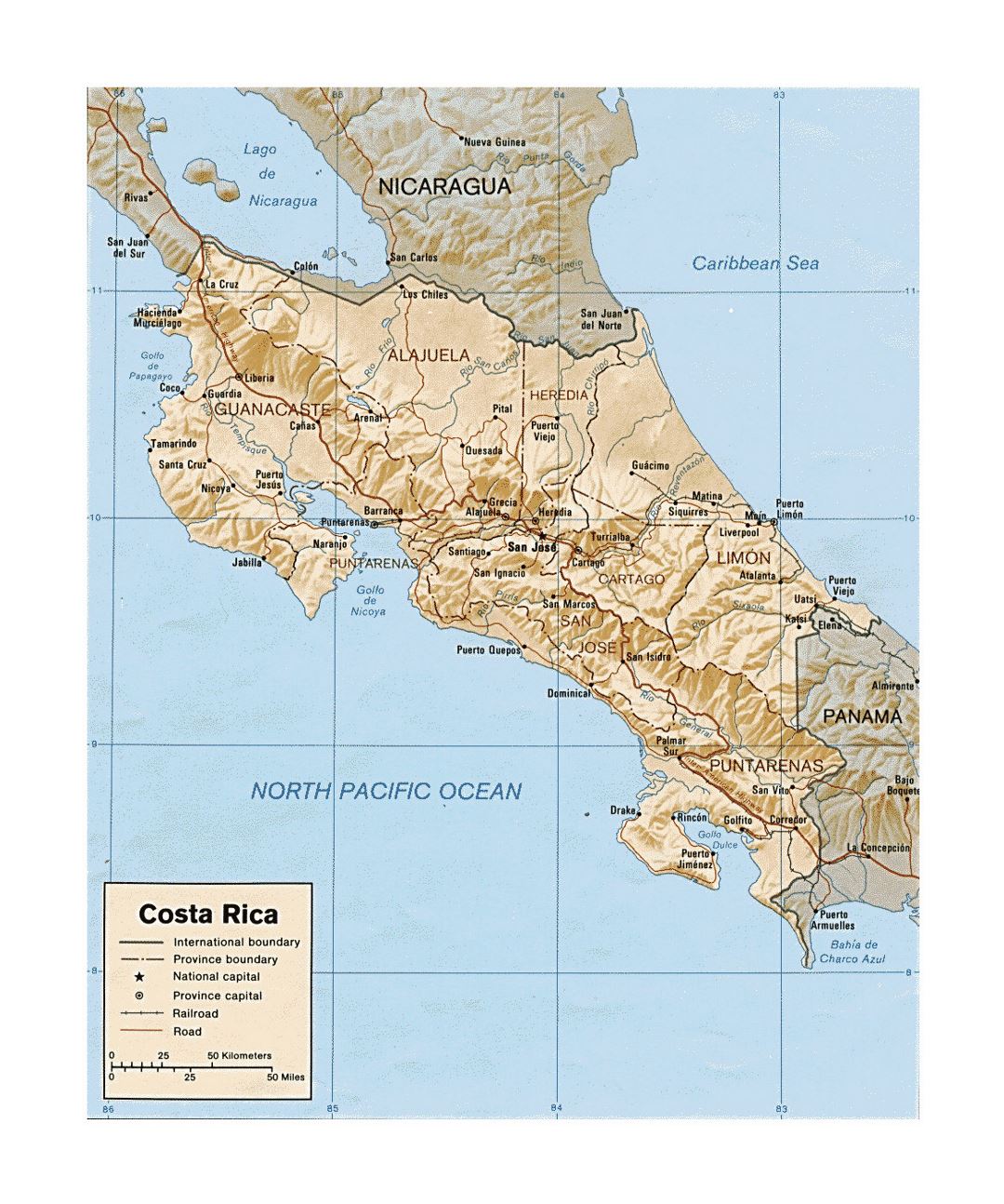 Detailed political and administrative map of Costa Rica with relief, roads, railroads and major cities